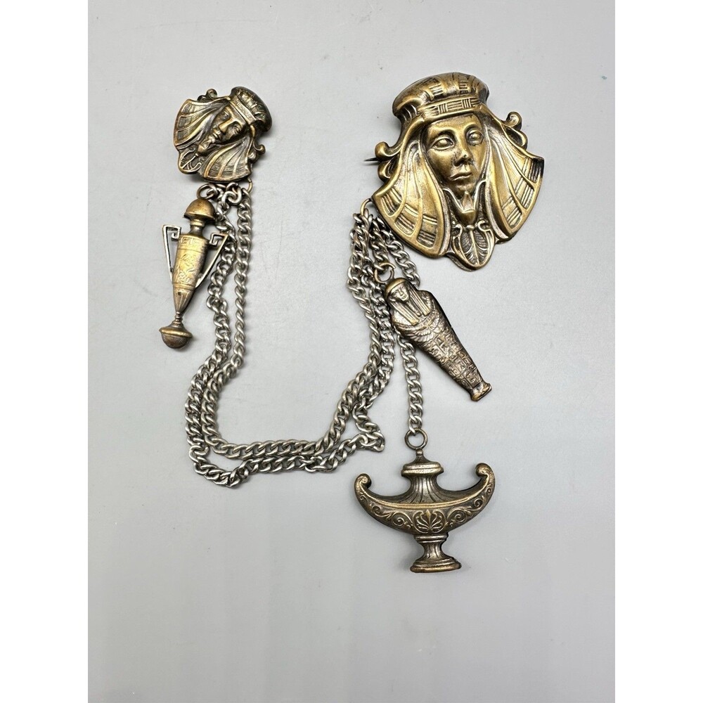 Art Deco Egyptian Revival Sweater Guard Pharaoh Sarcophagus Charm Chain Brooch